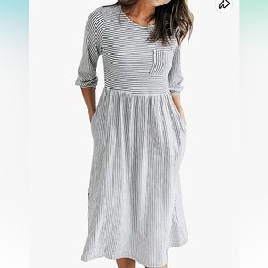 3/4 Sleeve Striped High Waist T Shirt Midi Dress with Pockets